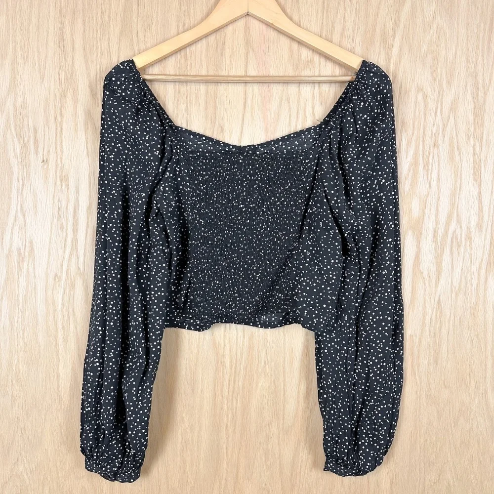 A New Day Black Polka Dot Ruched Long Sleeve Crop Top Medium - Picture 6 of 8